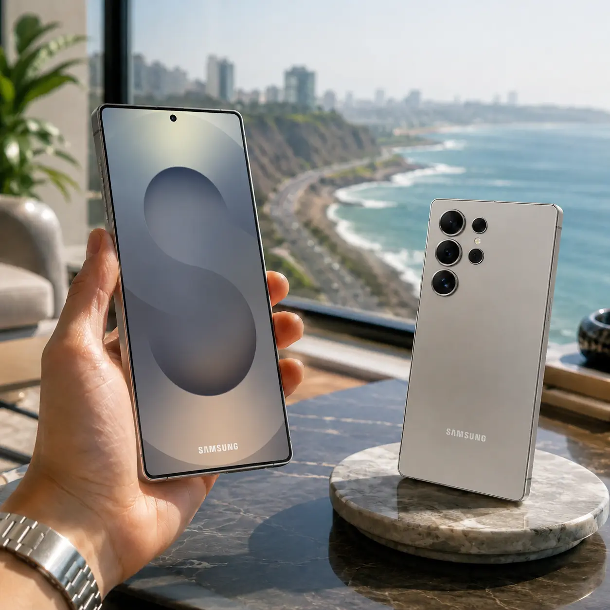 Mano sosteniendo un smartphone Samsung Galaxy con pantalla encendida frente a un ventanal con vista al mar